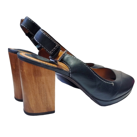 Fossil Black Leather Peep Toe Buckle Ankle  Wooden Block Heels Women's Size 10 - Picture 6 of 12